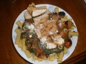 Chicken, Sausage, Spinach with Roasted Red Peppers Over Rigatoni